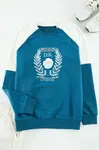 Trendyol Navy Blue Regular Fit Raglan Sleeve Color Block Printed Cotton Sweatshirt