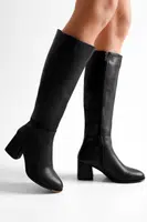 Shoeberry Women's Kiella Black Skin Heeled Boots, Black Skin