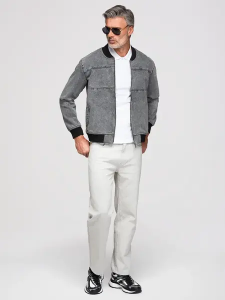 Ombre Men's denim bomber jacket with stone wash effect - grey