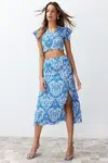 Trendyol Blue Patterned Slit Ribbed Flexible Knitted Blouse Skirt Top-Bottom Set