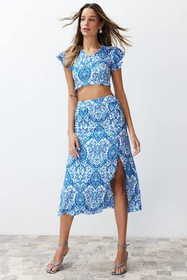 Trendyol Blue Patterned Slit Ribbed Flexible Knitted Blouse Skirt Top-Bottom Set
