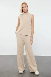 Trendyol Beige Thessaloniki Knitted Sleeveless Blouse and Trousers Top-Bottom Set
