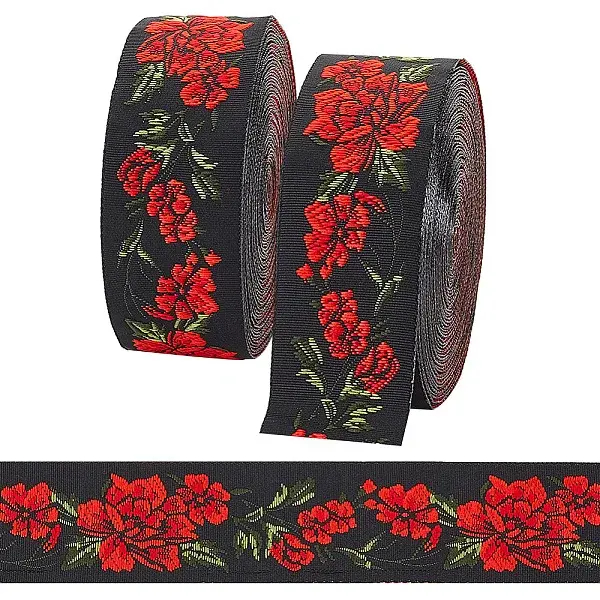 6.8M Flat Ethnic Style Polyester Jacquard Flower Ribbon