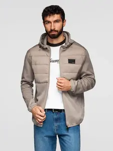 Ombre Men's lightweight jacket of combined materials with hood and decorative quilting - ash