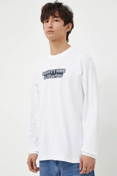 Bavlněné tričko s dlouhým rukávem G-Star bílá barva, s potiskem