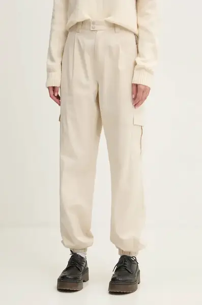 Kalhoty Tommy Jeans dámské, béžová barva, kapsáče, high waist, DW0DW18592