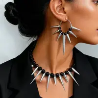 Alloy Punk Spiked Choker Necklace & Hoop Earrings Sets