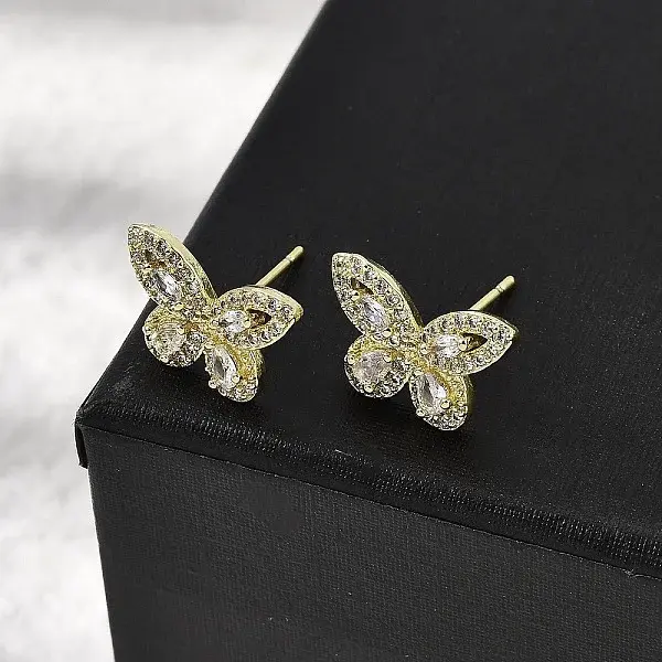 Brass Clear Cubic Zirconia Butterfly Stud Earrings