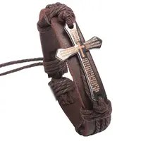 Adjustable Cross with Word Iron Braided Leather Cord Bracelets