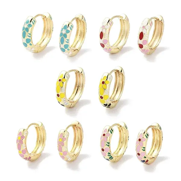 Real 18K Gold Plated Brass Enamel Flower Print Hoop Earrings for Women