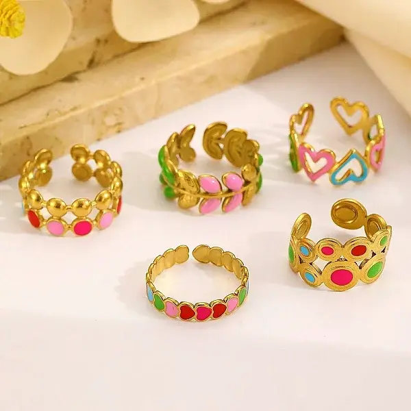 5Pcs Adjustable 304 Stainless Steel Enamel Cuff Rings for Women