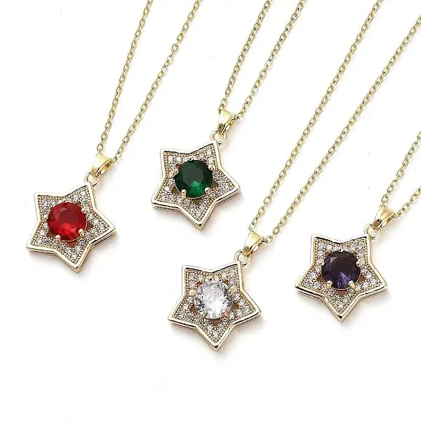 Star Light Gold Brass Micro Pave Cubic Zirconia Pendant Necklaces