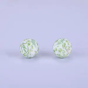 Printed Round with Leaf Pattern Silicone Focal Beads