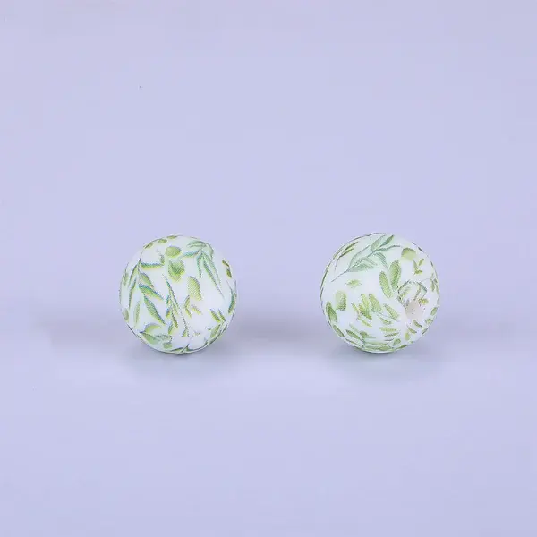 Printed Round with Leaf Pattern Silicone Focal Beads
