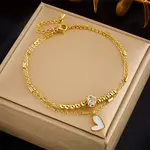 304 Stainless Steel Pave Clear Cubic Zirconia & Natural White Shell Heart Charm Double Layer Anklets for Women