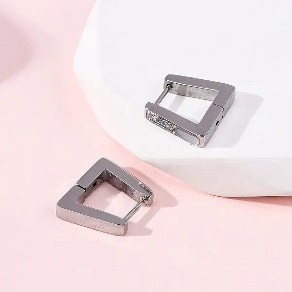 304 Stainless Steel Clear Cubic Zirconia Trapezoid Hoop Earrings