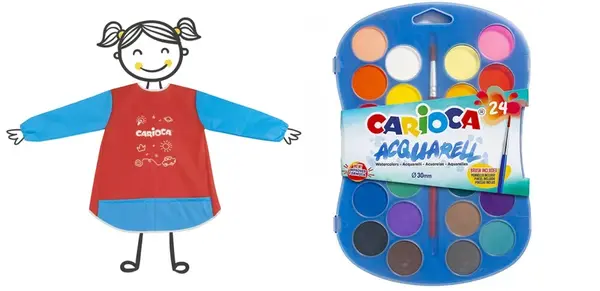 CARIOCA Vodové farby 24 ks akvarelové + CARIOCA Zástera na maľovanie s rukávmi 2-4 roky