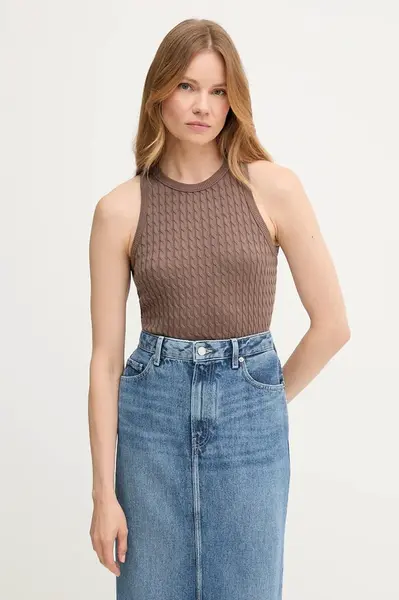 Bavlněná vesta Tommy Hilfiger dámská, hnědá barva, WW0WW45706