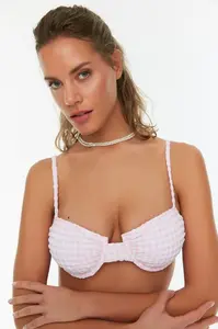 Trendyol Powder Gingham Textured Bikini Top