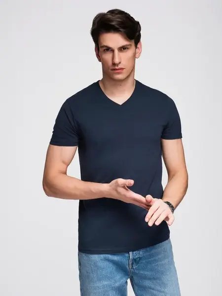 Ombre Men's BASIC classic cotton T-shirt with a v-neck - navy blue