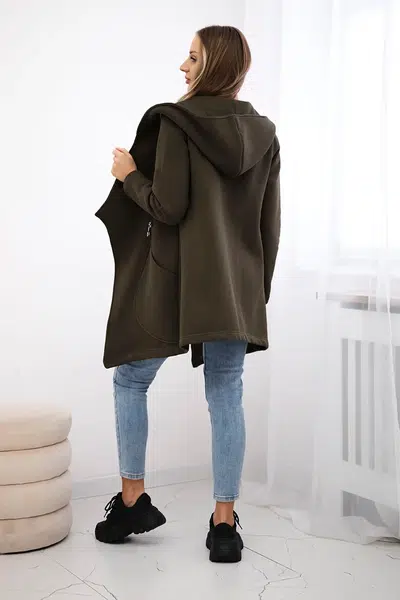 Insulated sweatshirt with asymmetrical zipper in khaki color