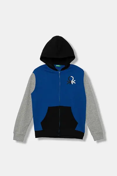 Dětská bavlněná mikina United Colors of Benetton modrá barva, s kapucí, vzorovaná, 3J68C505C