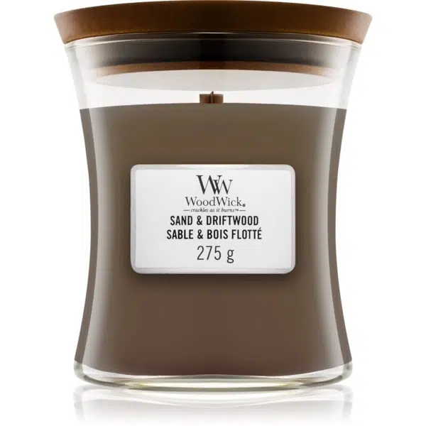 Woodwick Sand & Driftwood vonná sviečka s dreveným knotom 275 g