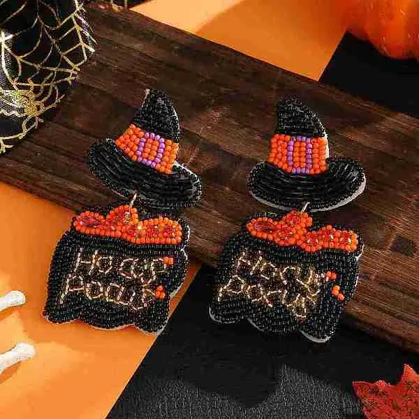 Halloween Style Witch Hat Glass Bead Handmade Stud Earrings for Women