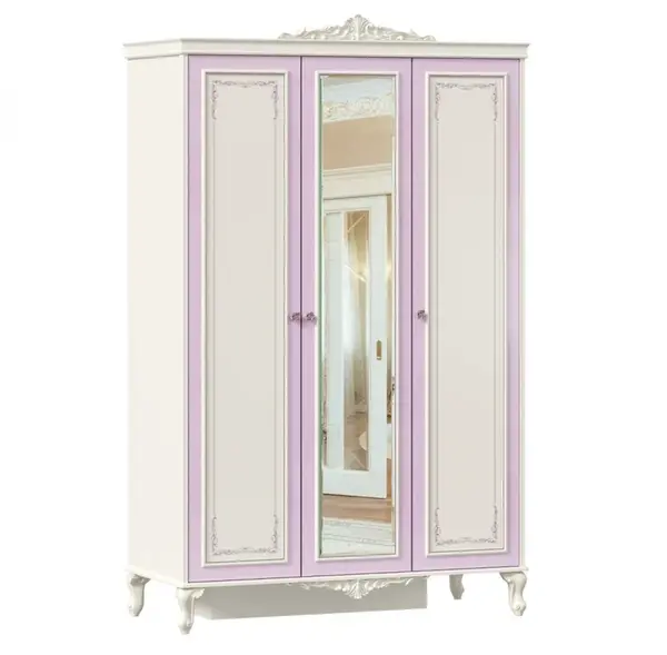 Třídveřová šatní skříň se zrcadlem comtesa - alabastr/fialová