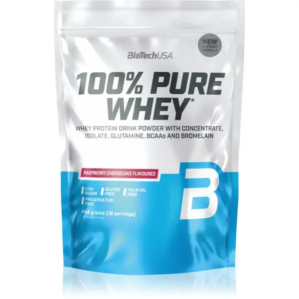 BioTechUSA 100% Pure Whey srvátkový proteín malé balenie príchuť Raspberry Cheesecake 454 g