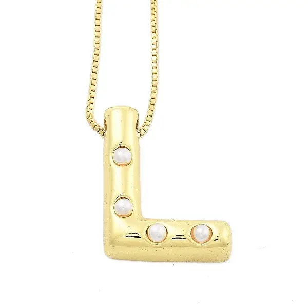 Brass & Plastic Pearl Letter Pendant Box Chain Necklaces for Women
