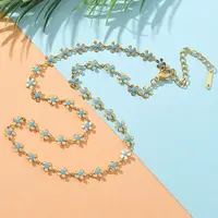 Bohemian 304 Stainless Steel Enamel Deep Sky Blue Flower Link Chain Necklaces for Women