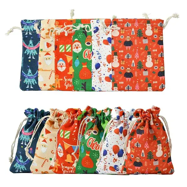 12Pcs 6 Styles Christmas Theme Cloth Printed Storage Bags