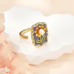 Flower Pattern Brass Enamel & Natural Freshwater Pearl Open Cuff Rings for Women