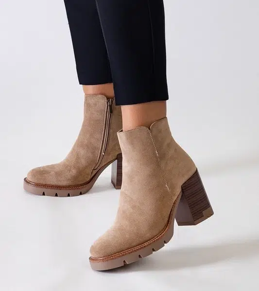 Gemre Beige block heel ankle boots with wood motif eco-suede Hamida