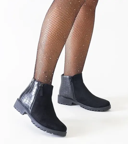 Gemre Black ankle boots with crocodile skin motif eco-suede Mifsada