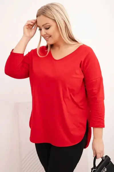 Kesi Dámská bavlněná blůza Plus Size s výstřihem do V a ohrnutým rukávem červená