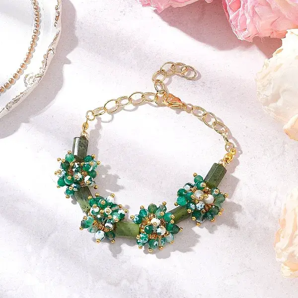 Natural Fire Crackle Agate & Canadian Jade Beads Link Bracelets