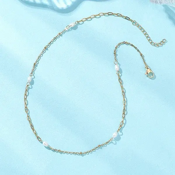 Natural Pearl Rice & 304 Stainless Steel Satellite Chain Paperclip Chain Necklaces for Women