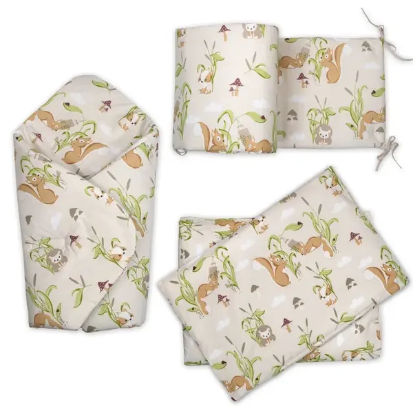 Baby Nellys 3D Mantinel s povlečením + zavinovačka, Veverky, béžová, šedá