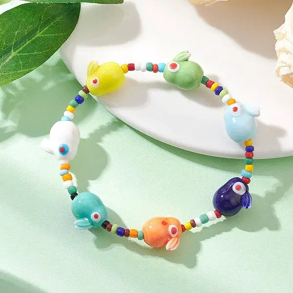 Rabbit Porcelain & Glass Seed Beads Stretch Bracelets for Women