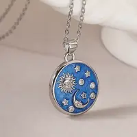 Brass Micro Pave Clear Cubic Zirconia with Blue Enamel Flat Round Pendant Necklaces