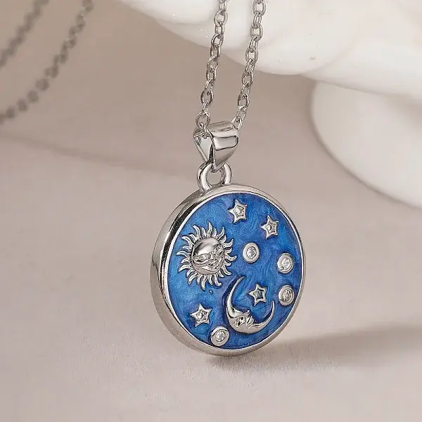 Brass Micro Pave Clear Cubic Zirconia with Blue Enamel Flat Round Pendant Necklaces