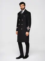 Ombre Men's double-breasted coat with wool and bead appliqués on sleeves - black