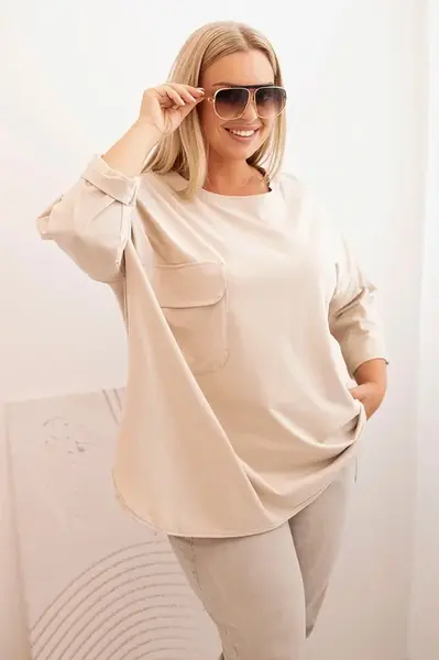 Kesi Włoski Dámská blůza Plus Size s bavlnou, kapsou a ohrnutým rukávem béžová