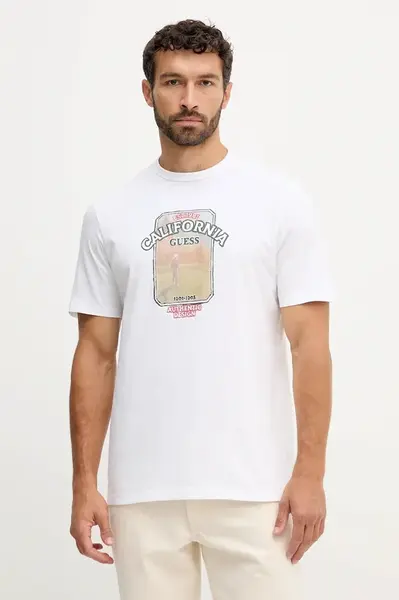 Bavlněné tričko Guess PANORAMA pánské, bílá barva, s aplikací, M5YI18 I3Z14