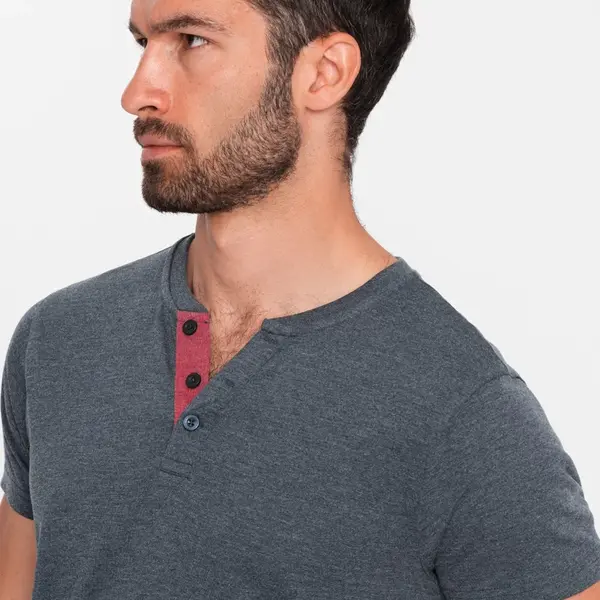 Ombre Men's T-shirt with unbuttoned round henley neckline - navy blue