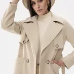 Beige double-breasted coat with Blue Shadow belt