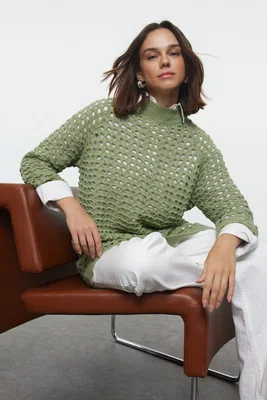 Trendyol Light Khaki Stand Collar Openwork/Hole Knitwear Sweater