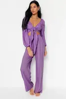 Trendyol Lilac Woven Tied Blouse Trousers Beach Set